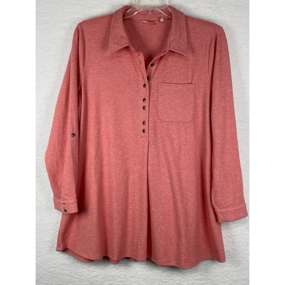 Soft Surroundings Coral Pink Heather Henley Tunic Top XL 2FW99 Long Roll Sleeve